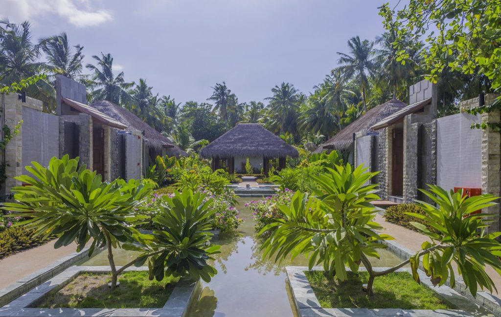 Wellnessbereich mit kleinen Wasserbecken, grünen Pflanzen und Strohdach-Hütte im Furaveri Maldives Resort