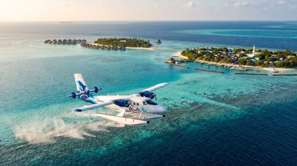 Wasserflugzeug im Anflug über türkisblaue Atolle mit verschiedenen Inseltypen der Malediven