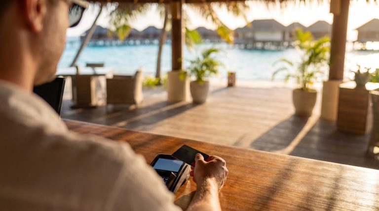 Kartenzahlung im Malediven-Resort Gast bezahlt kontaktlos mit Kreditkarte am Terminal in einer Malediven-Resort-Rezeption