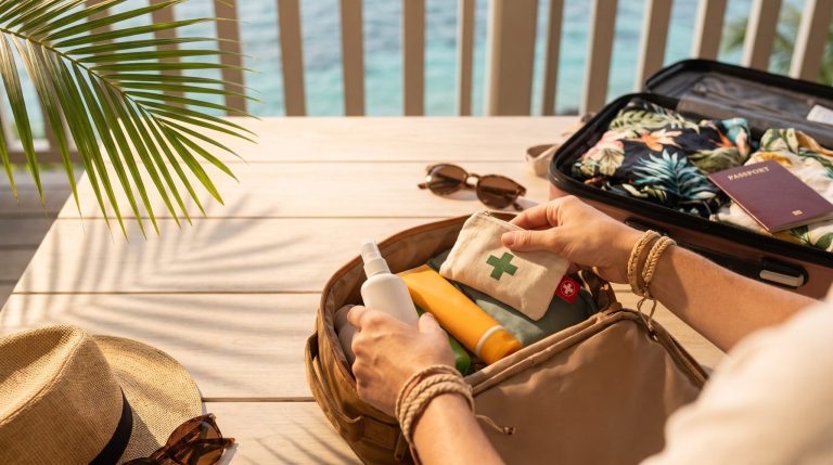 Reiseapotheke mit Mückenschutz und Sonnenschutz auf einer sonnigen Terrasse mit Blick auf das Meer von Mauritius