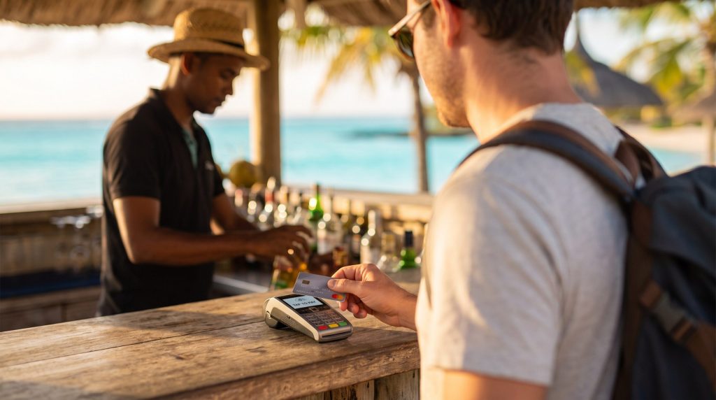 Reisender bezahlt kontaktlos mit Kreditkarte an einem Kartenterminal in einer Strandbar auf Mauritius
