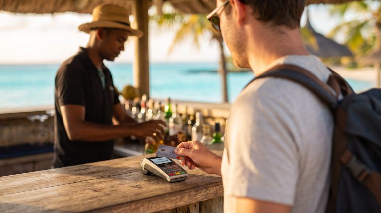 Reisender bezahlt kontaktlos mit Kreditkarte an einem Kartenterminal in einer Strandbar auf Mauritius
