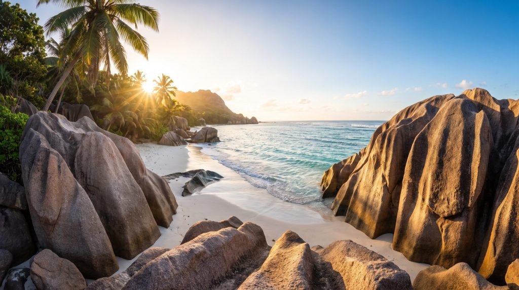 Ikonischer Granitfelsstrand Anse Source d'Argent auf La Digue mit türkisem Wasser und weißem Sand im Morgenlicht