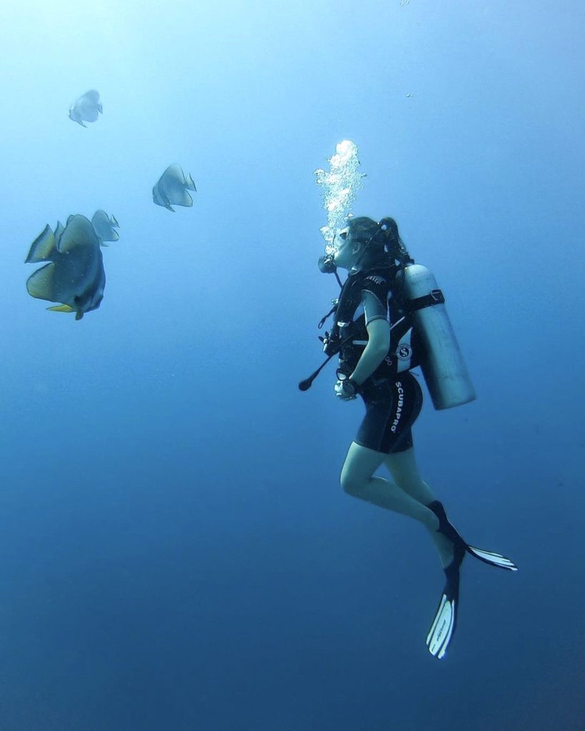 Taucherin mit Taucheranzug und Sauerstofftank schwimmt im klaren blauen Wasser umgeben von