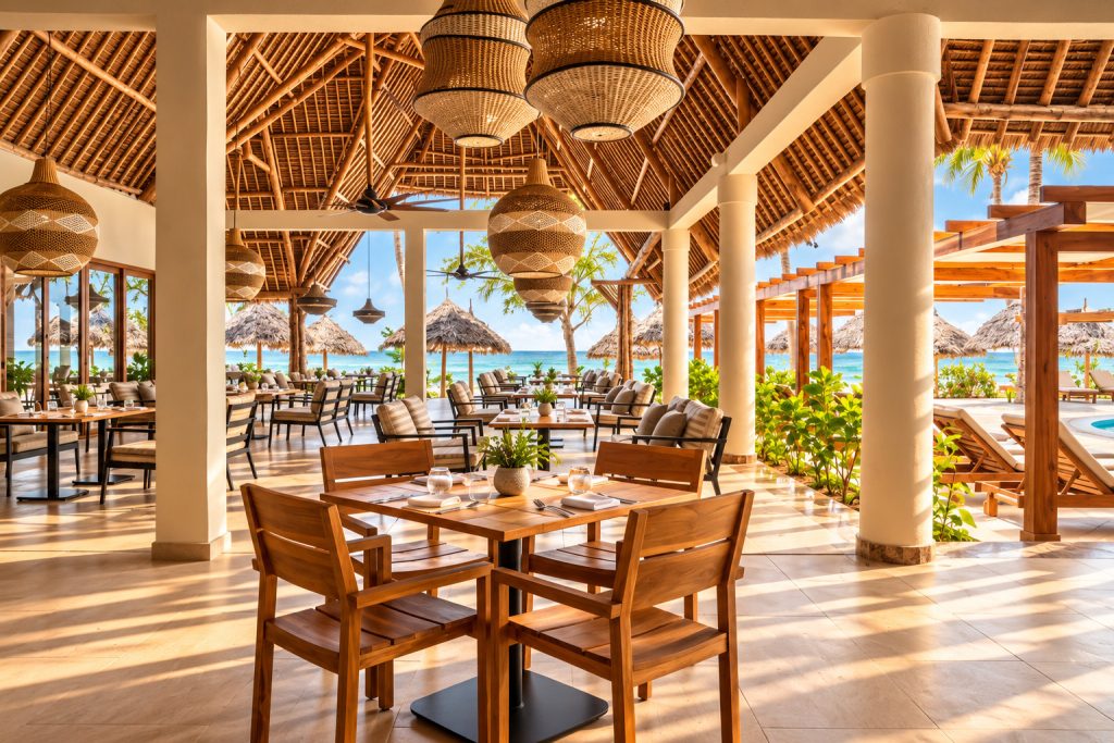 Offener Restaurantbereich im JAZ Elite Adonia mit Holzmöbeln, geflochtenen Lampen und Blick auf türkisblaues Meer