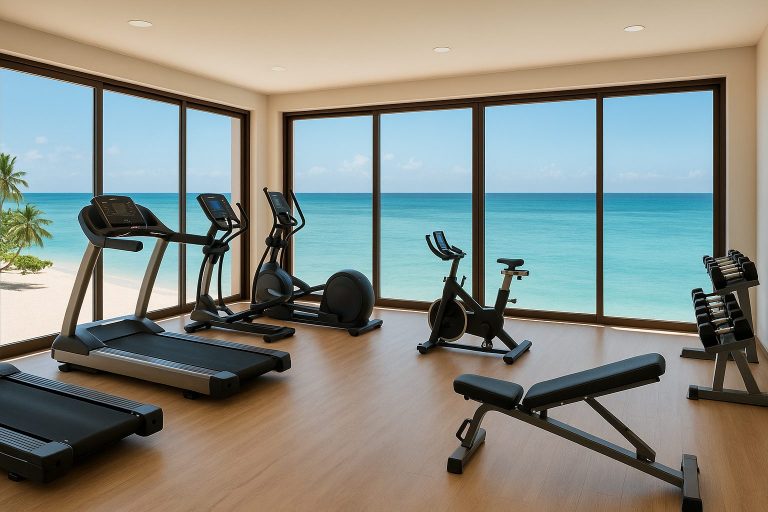 Moderner Fitnessraum mit Laufbändern, Crosstrainern und Hanteln, Panoramafenster mit Blick auf Strand und Meer