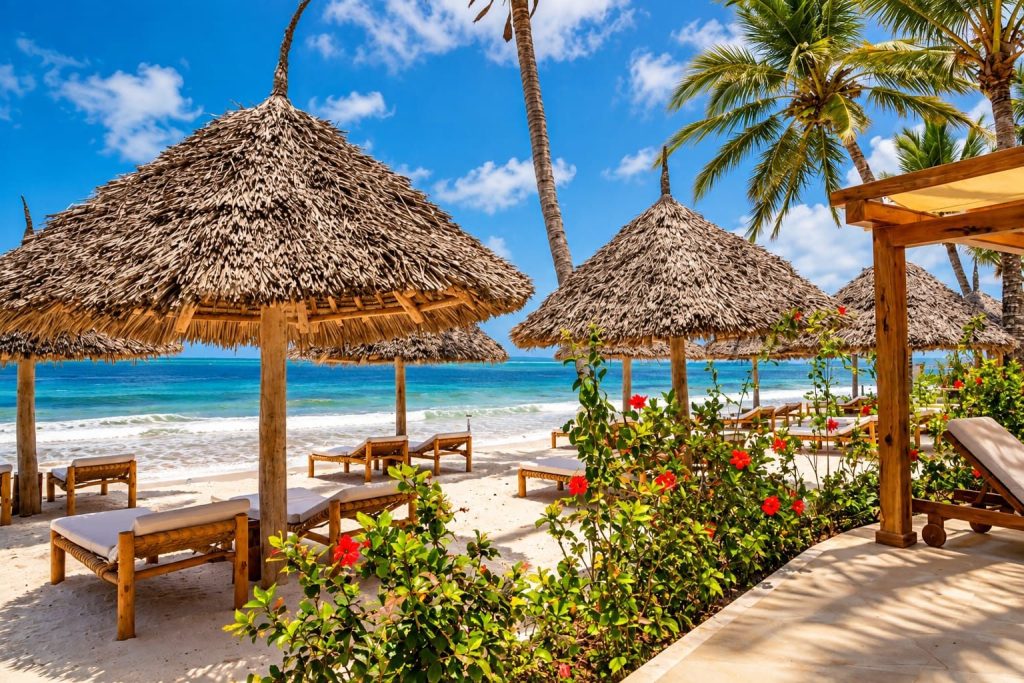 Strand mit weißen Sand, hölzernen Sonnenliegen unter Strohdächern, türkisblauem Meer und grünen Pflanzen mit roten Blüten
