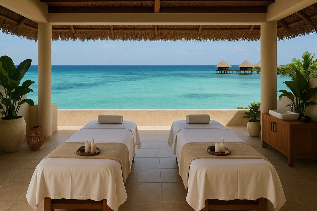 Offener Wellnessraum mit zwei Massagebetten, weißen Tüchern, Ölen und Blick auf das Meer und Wasserbungalows