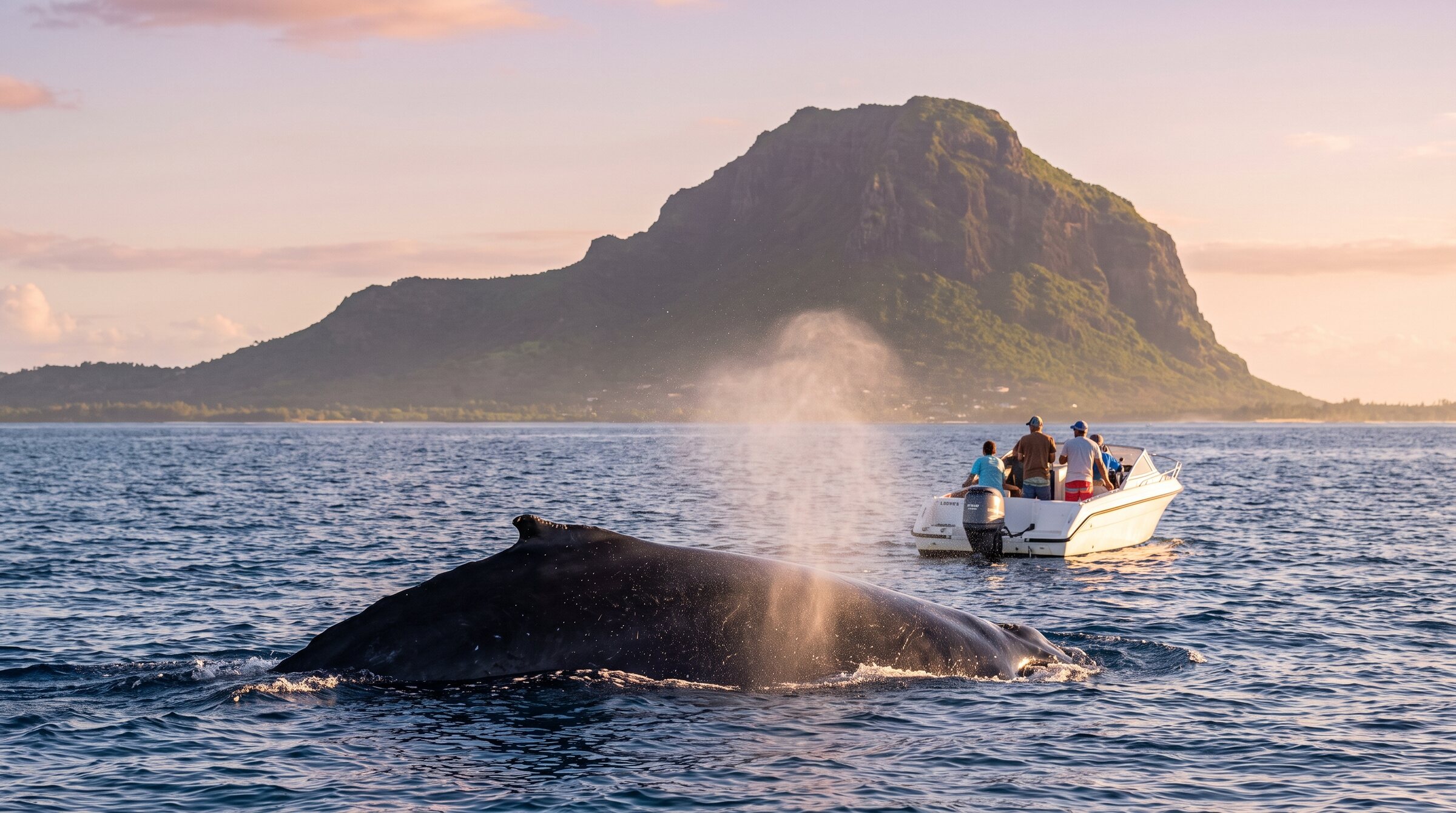 Walbeobachtung Mauritius mit dem Speedboot Walbeobachtung auf Mauritius: Buckelwal taucht im Morgenlicht vor einem Speedboot auf, im Hintergrund der Le Morne Brabant