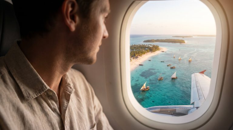 Blick aus dem Flugzeugfenster auf die Kueste von Sansibar mit Dhaus im Landeanflug