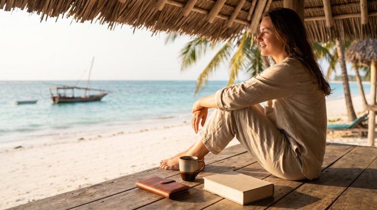 Reisende plant auf der Veranda eines Strandbungalows auf Sansibar ihr Urlaubsbudget, neben ihr Portemonnaie und Reisefuehrer