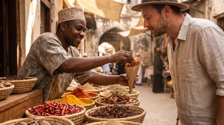 Haendler fuellt Zimt und Nelken fuer eine Reisende an einem Gewuerzstand in Stone Town auf Sansibar