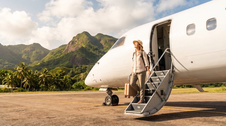Reisende steigt bei der Ankunft auf Mahe aus dem Flugzeug, dahinter die gruenen Berge der Seychellen