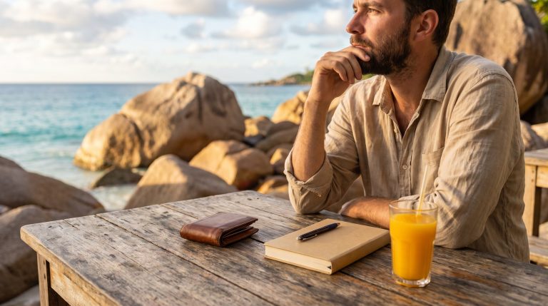 Reisender plant an einem Strandtisch auf Praslin sein Urlaubsbudget, vor ihm Portemonnaie und Reisefuehrer