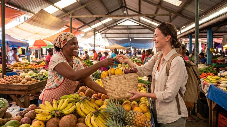 Reisende kauft frisches Obst bei einer Haendlerin auf dem Markt von Victoria auf Mahe