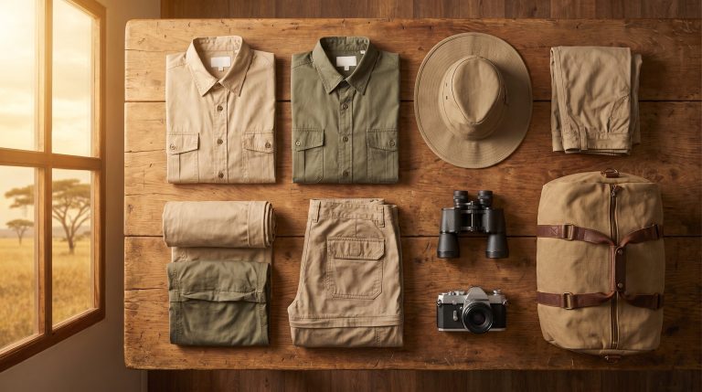 Uebersichtliche Safari-Packliste mit Kleidung, Fernglas, Kamera und Reisetasche fuer Tansania