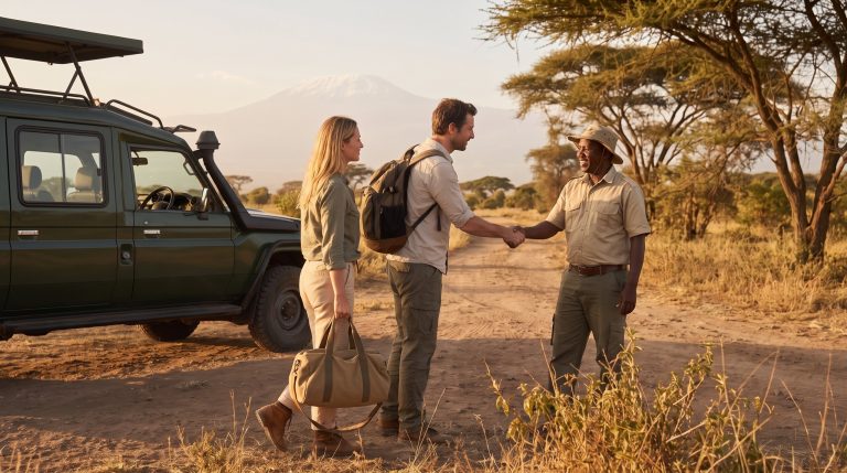 Safari-Guide begruesst Reisende bei der Ankunft in Tansania, im Hintergrund der Kilimandscharo
