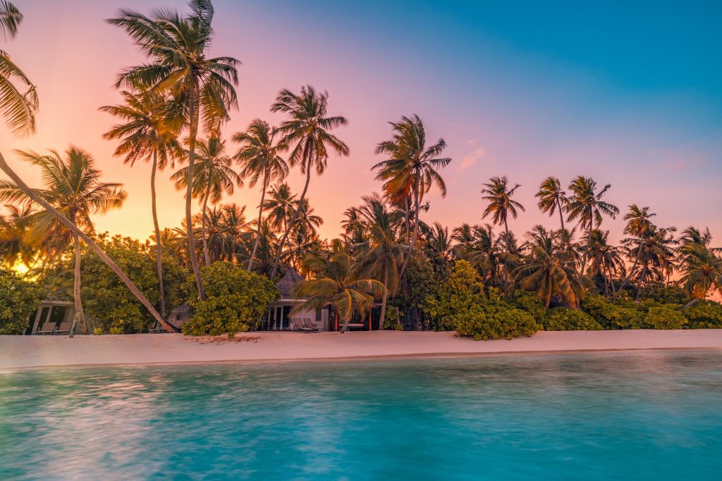 Hohe Palmen am weißen Sandstrand mit türkisfarbenem Wasser und Gebäuden im Hintergrund bei Sonnenuntergang